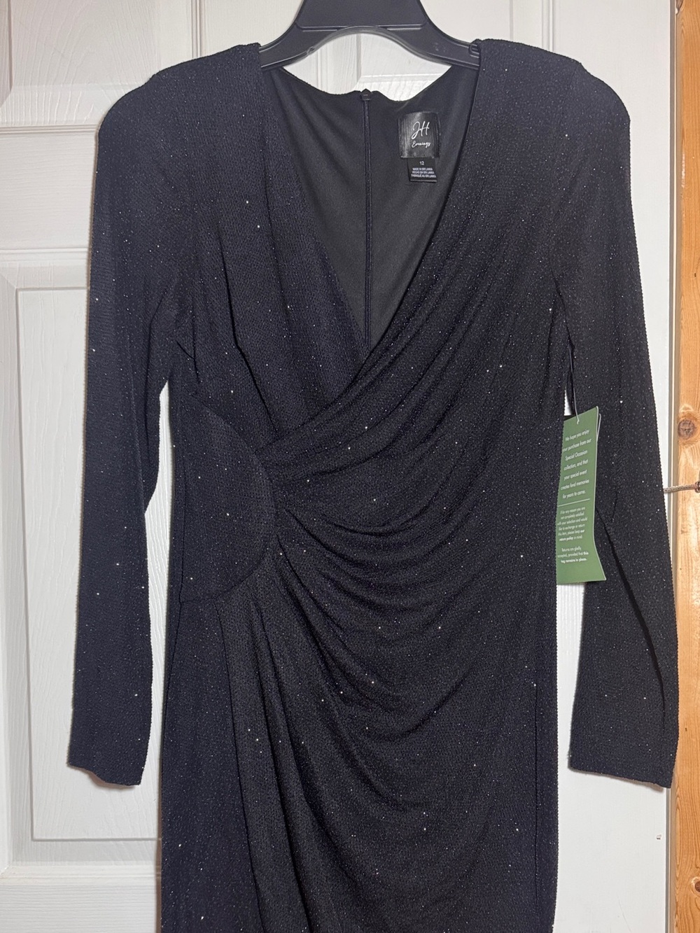 JH Evenings Black Sparkle Faux Wrap Cocktail Dress 12 NWT
